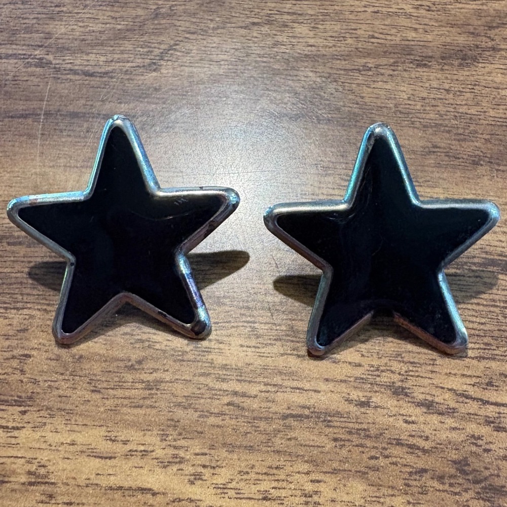 80s Black Enamel Star Stud Earrings Silver Tone Oversized Celestial Jewelry 1980